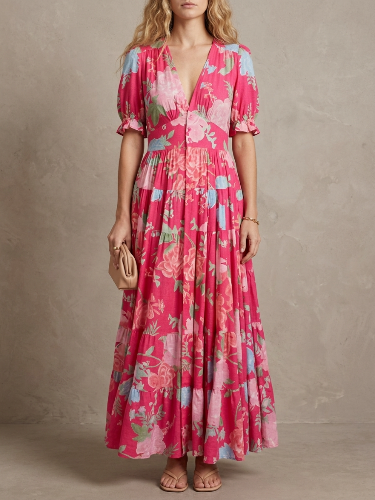 Thérèse · Robe maxi fleurie col V profond, coupe évasée et poches