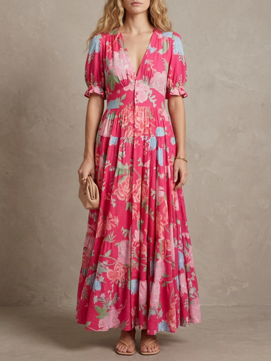 Thérèse · Robe maxi fleurie col V profond, coupe évasée et poches