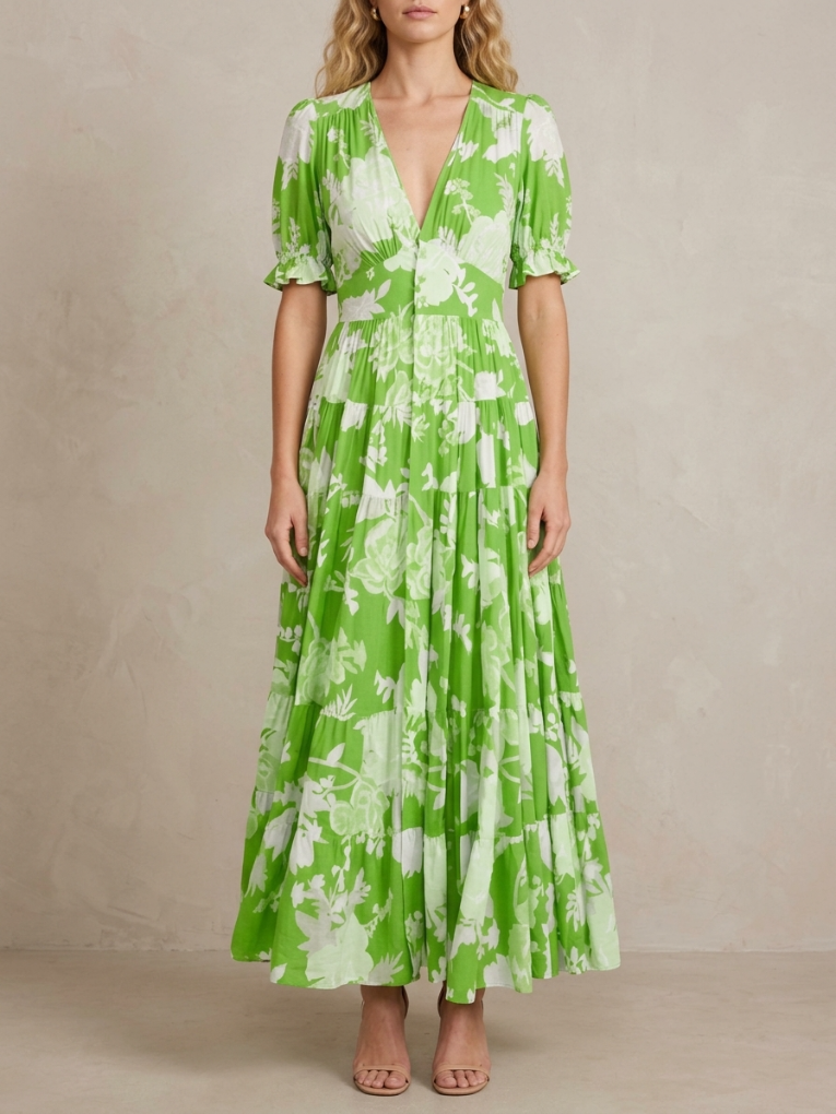 Thérèse · Robe maxi fleurie col V profond, coupe évasée et poches