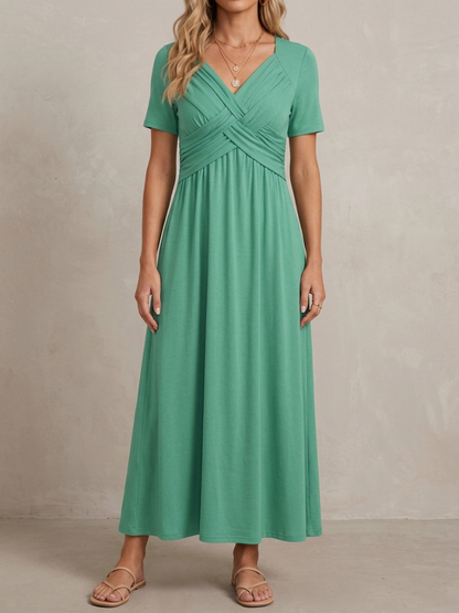 Geneviève · Robe midi col V croisé, drapé élégant et taille empire