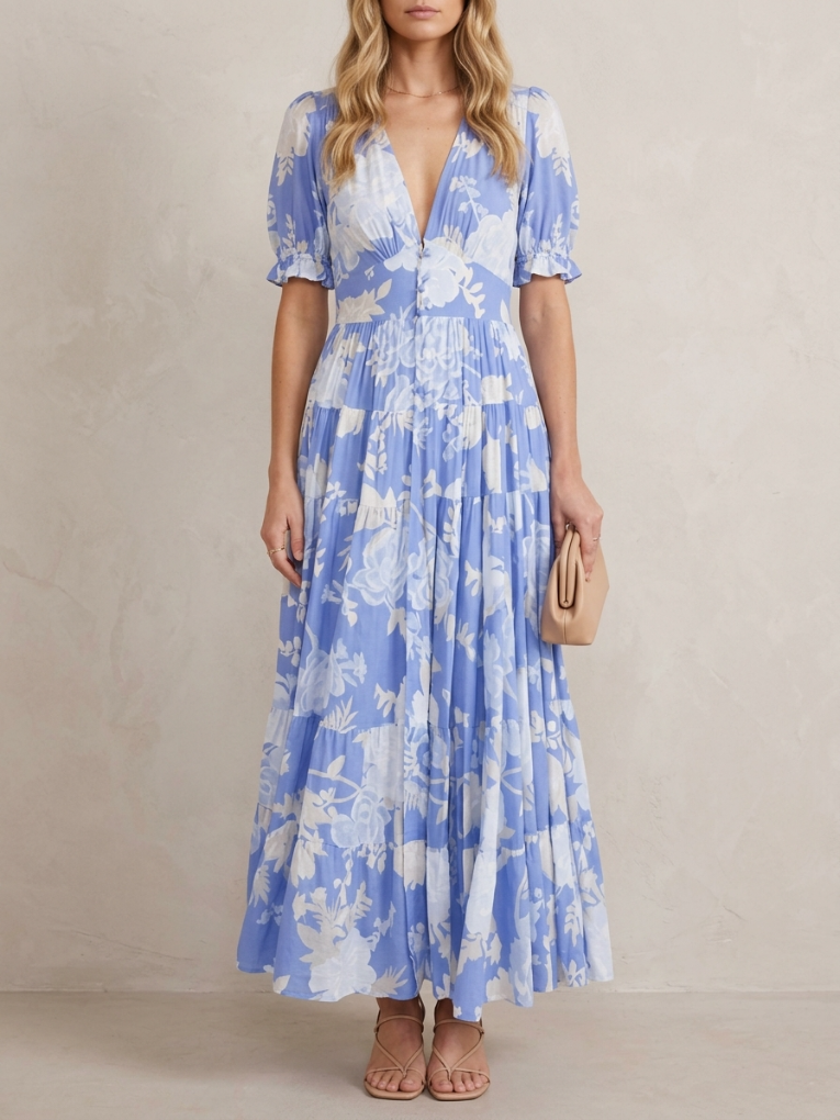 Thérèse · Robe maxi fleurie col V profond, coupe évasée et poches