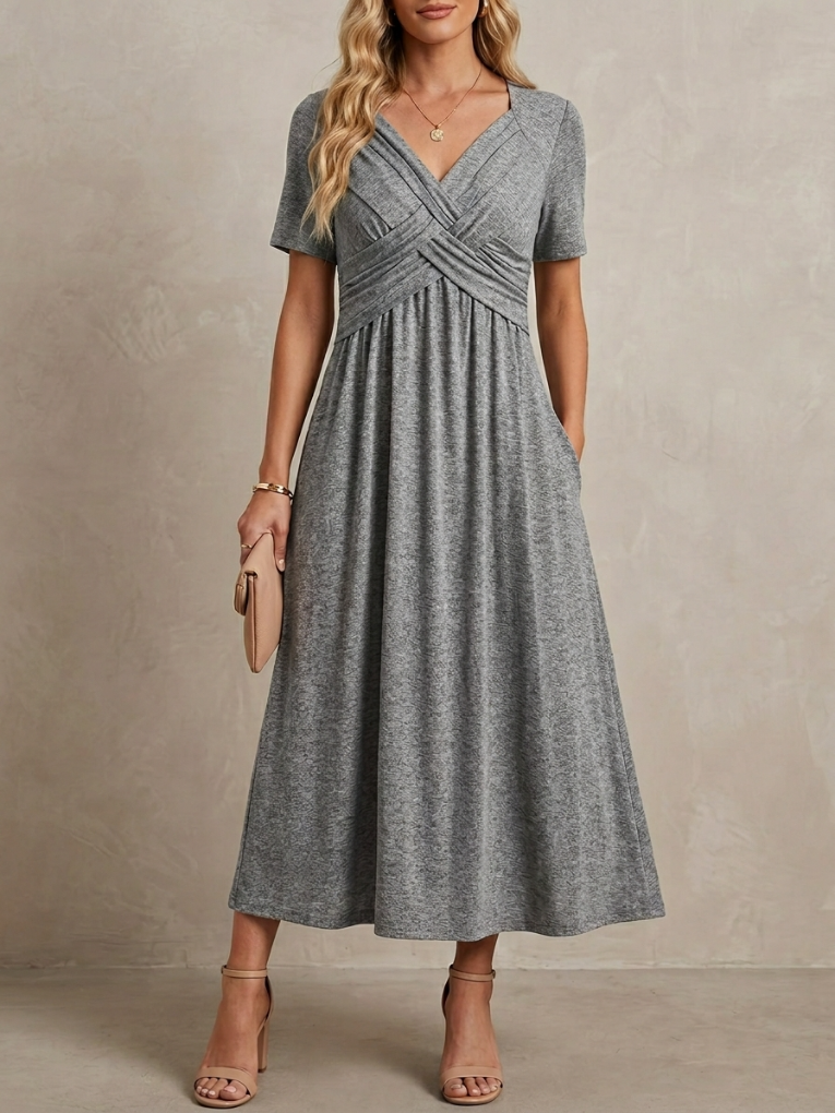 Geneviève · Robe midi col V croisé, drapé élégant et taille empire