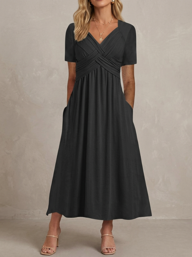 Geneviève · Robe midi col V croisé, drapé élégant et taille empire