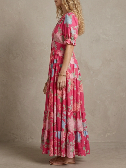 Thérèse · Robe maxi fleurie col V profond, coupe évasée et poches