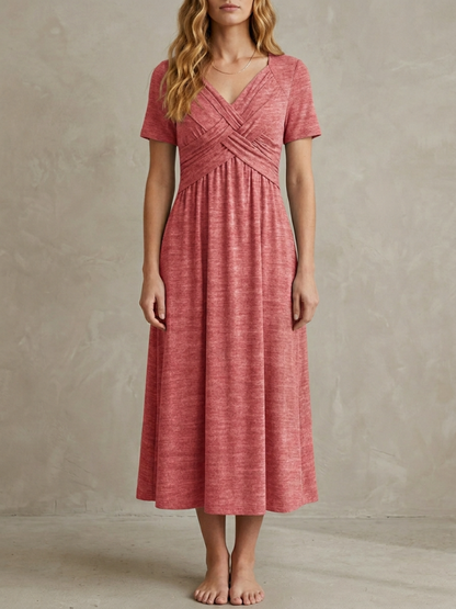 Geneviève · Robe midi col V croisé, drapé élégant et taille empire