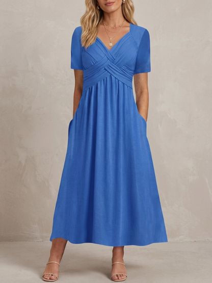 Geneviève · Robe midi col V croisé, drapé élégant et taille empire