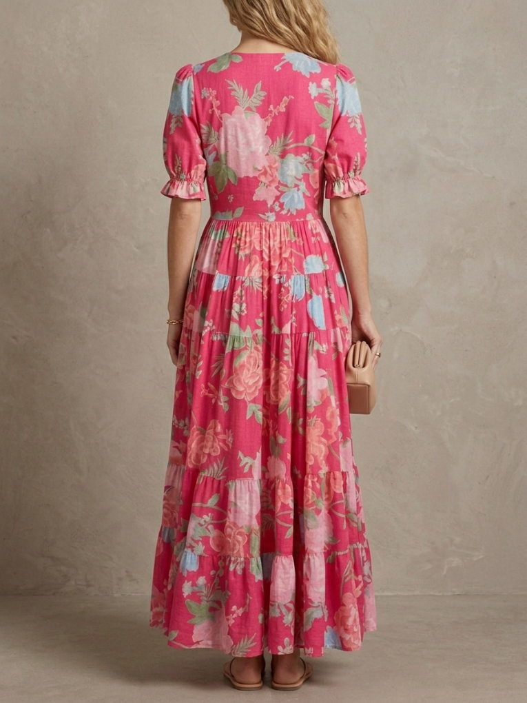 Thérèse · Robe maxi fleurie col V profond, coupe évasée et poches