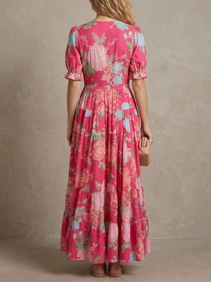 Thérèse · Robe maxi fleurie col V profond, coupe évasée et poches