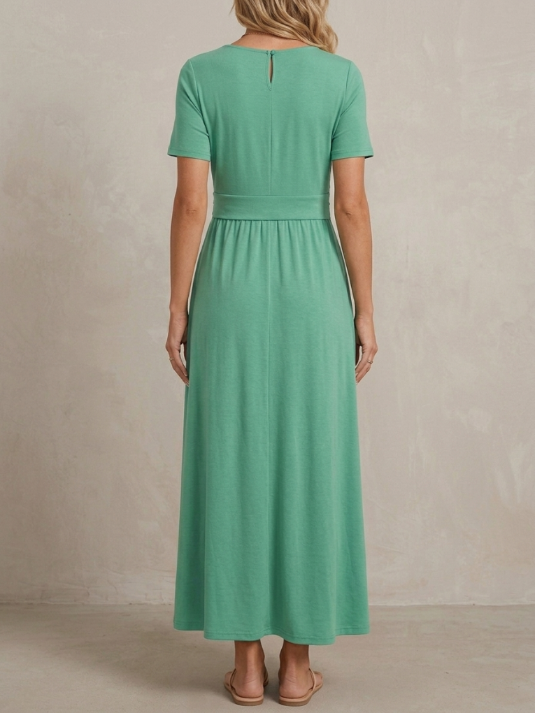 Geneviève · Robe midi col V croisé, drapé élégant et taille empire