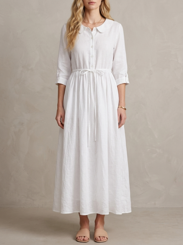 Marguerite · Robe midi bleue col claudine et lacet à la taille