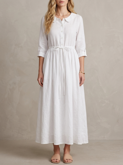 Marguerite · Robe midi bleue col claudine et lacet à la taille