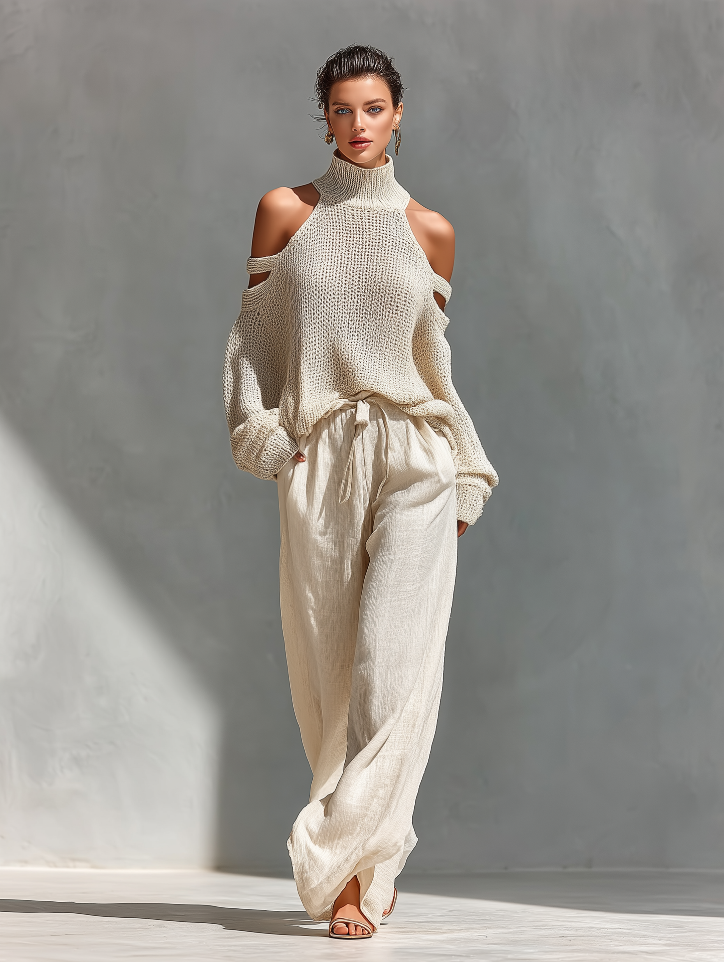 Ensemble Haut Col Montant avec Épaules Dégagées en Tissu Beige pour Femmes & Pantalons à Jambe Large