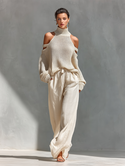 Ensemble Haut Col Montant avec Épaules Dégagées en Tissu Beige pour Femmes & Pantalons à Jambe Large