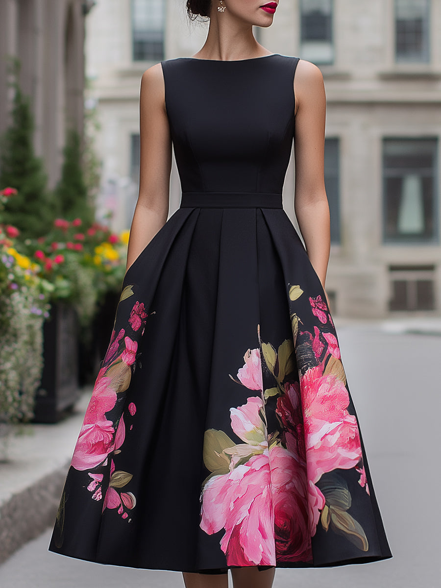 Robe Midi Élégante Sans Manches Avec Jupe Imprimée Florale