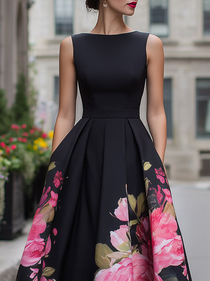 Robe Midi Élégante Sans Manches Avec Jupe Imprimée Florale
