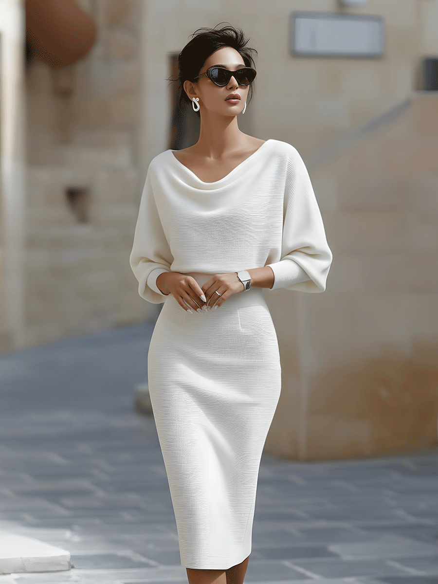 Robe Midi Drapée Blanche à Manches Chauve-Souris