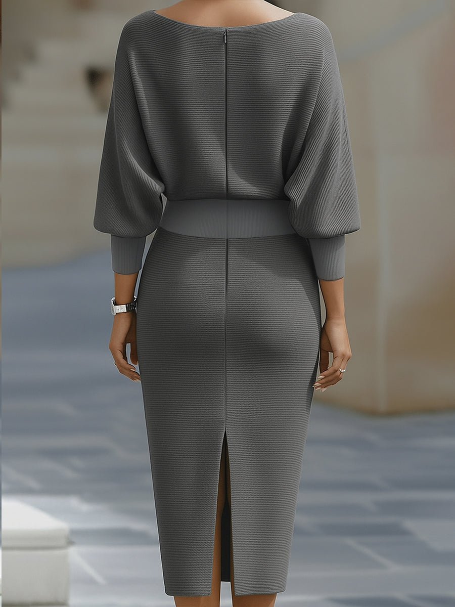 Robe Midi Drapée Blanche à Manches Chauve-Souris