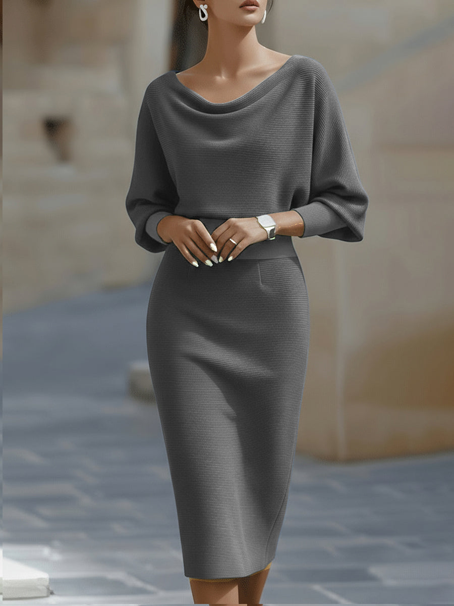 Robe Midi Drapée Blanche à Manches Chauve-Souris