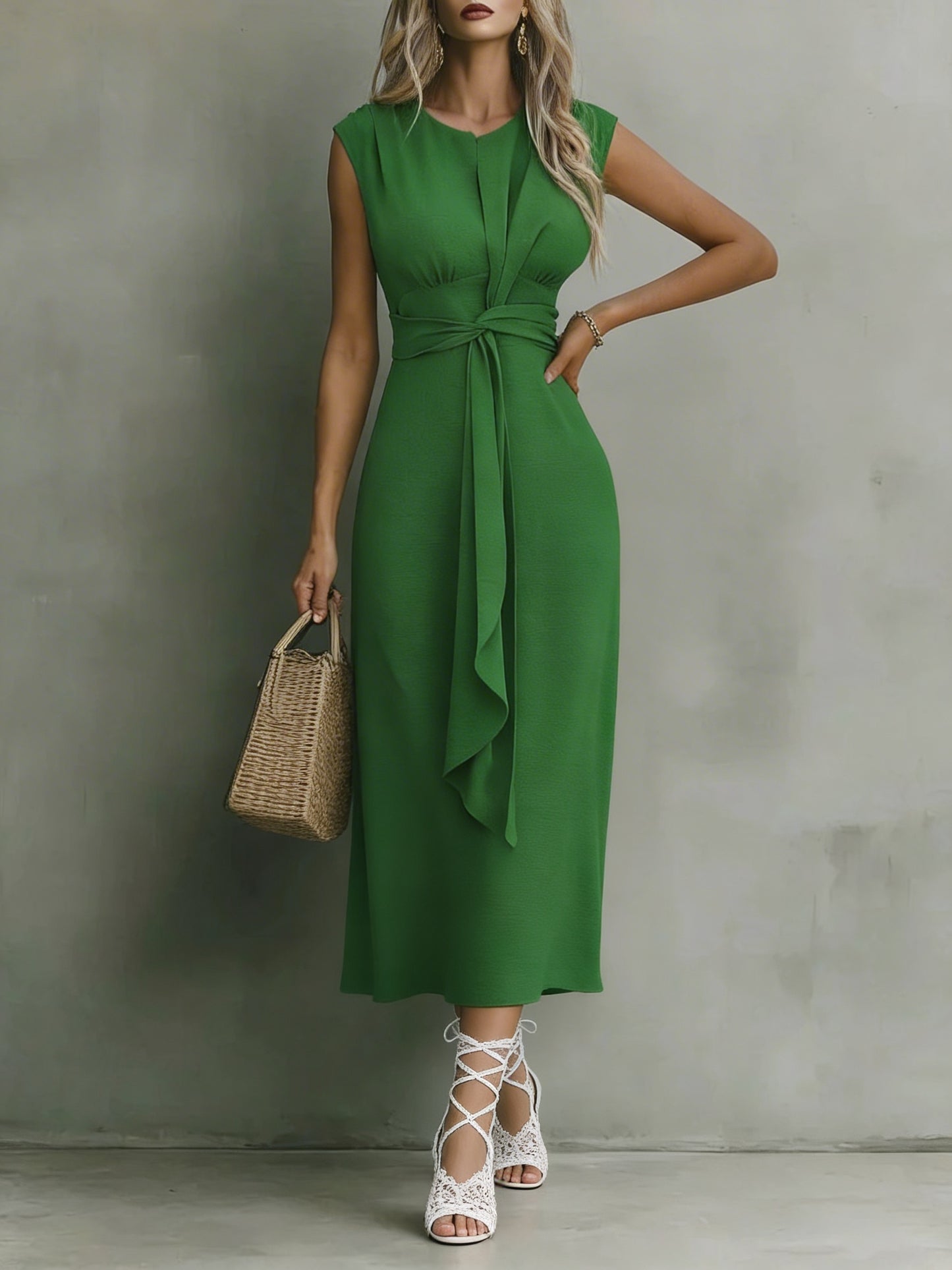 Claire · Robe midi sans manches à taille nouée