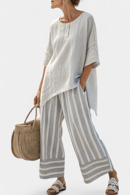 Talvora | Élégante Blouse Asymétrique et Pantalons Rayés