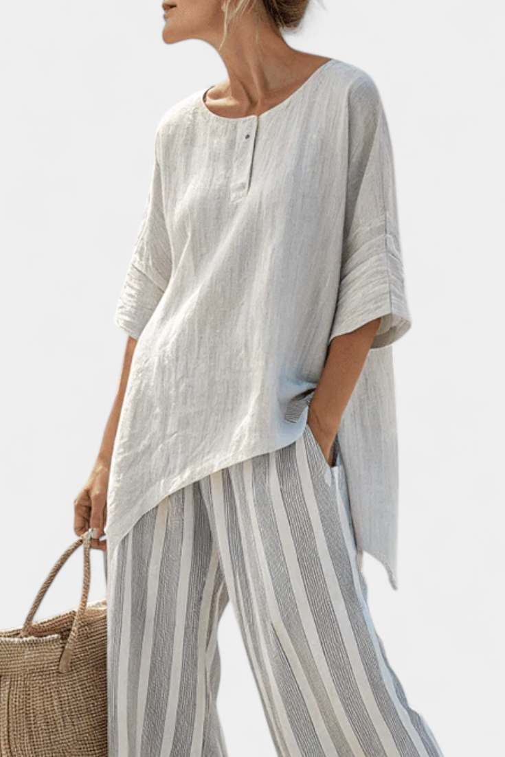 Talvora | Élégante Blouse Asymétrique et Pantalons Rayés