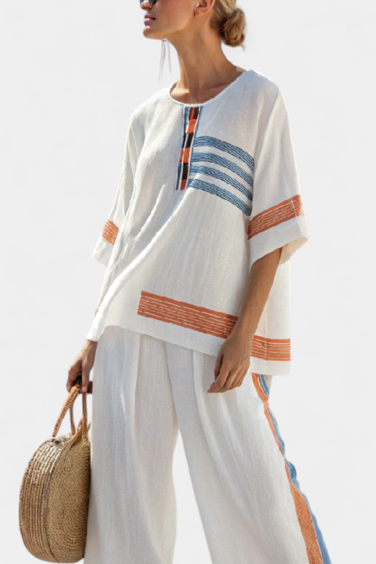 Marcellin | Haut et Pantalons Rayés Bleu-Orange Sophistiqués