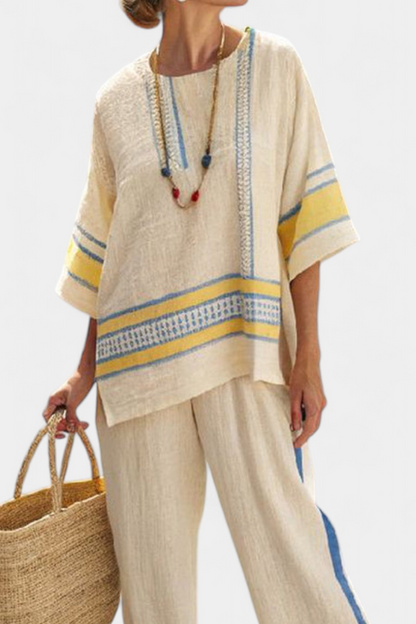 Jaxmere | Ensemble Top Méditerranéen Bleu-Jaune & Pantalons en Lin