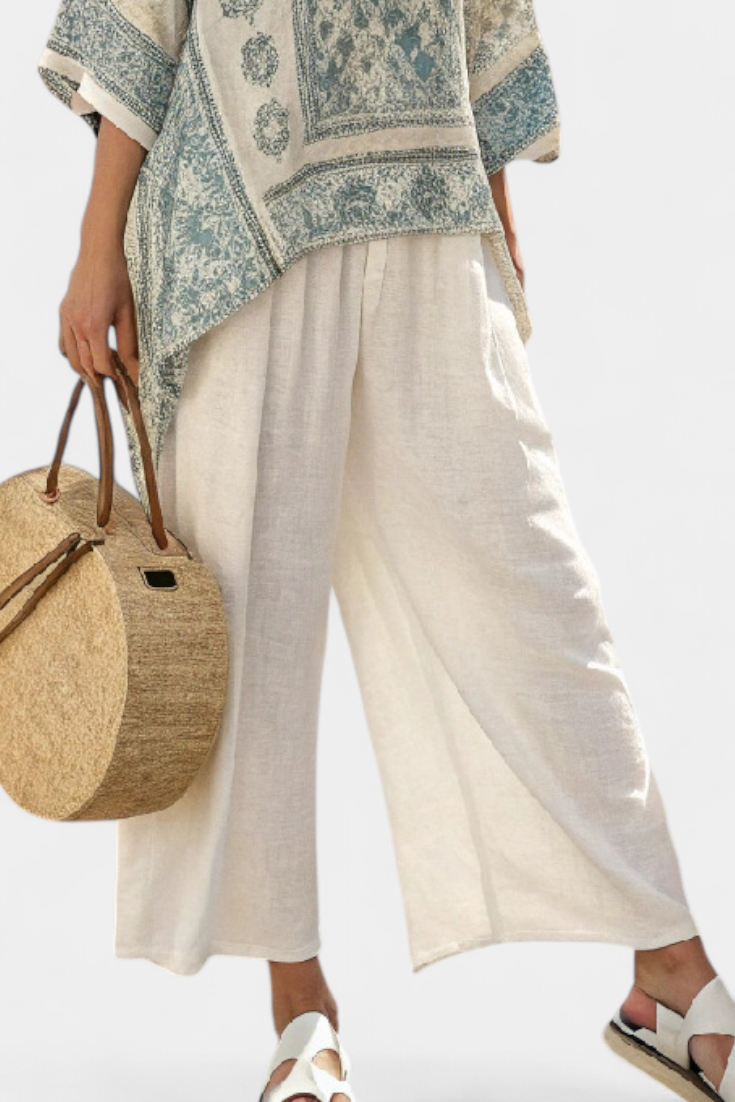 Quinley | Blouse Imprimée Confortable et Pantalons Blancs à Jambes Larges