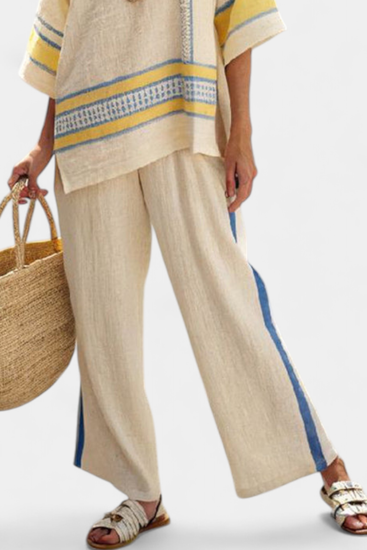 Jaxmere | Ensemble Top Méditerranéen Bleu-Jaune & Pantalons en Lin