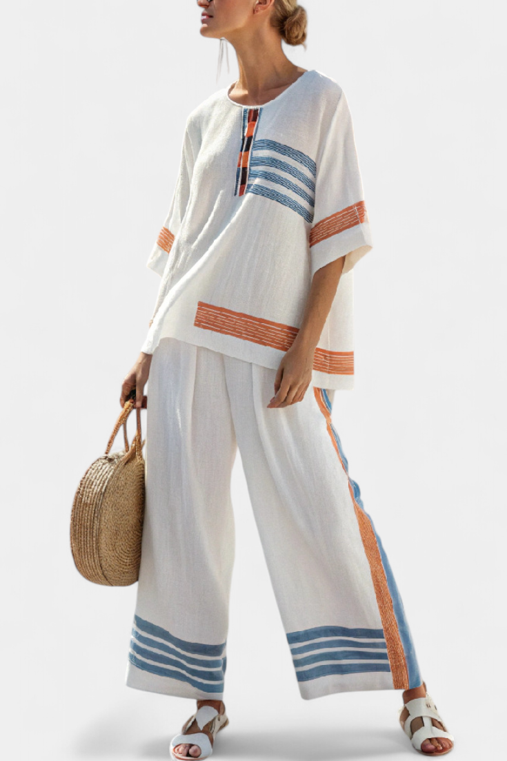 Marcellin | Haut et Pantalons Rayés Bleu-Orange Sophistiqués