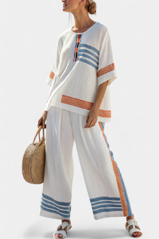 Marcellin | Haut et Pantalons Rayés Bleu-Orange Sophistiqués