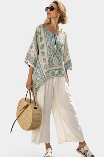Quinley | Blouse Imprimée Confortable et Pantalons Blancs à Jambes Larges