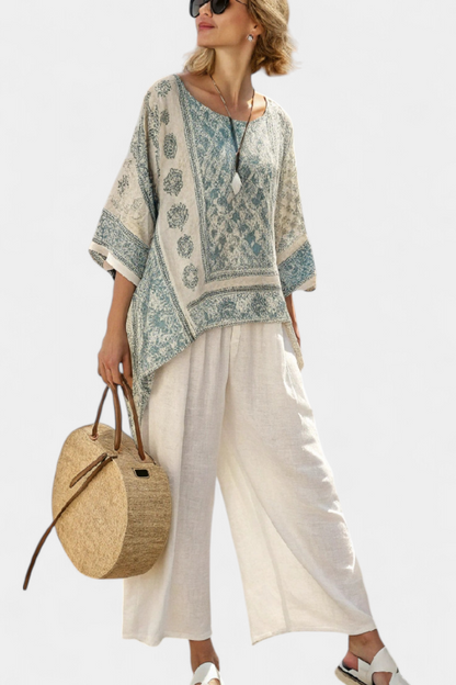 Quinley | Blouse Imprimée Confortable et Pantalons Blancs à Jambes Larges