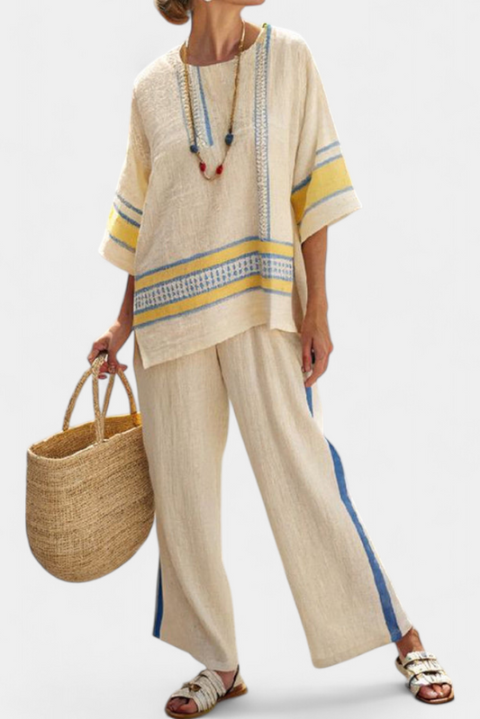 Jaxmere | Ensemble Top Méditerranéen Bleu-Jaune & Pantalons en Lin