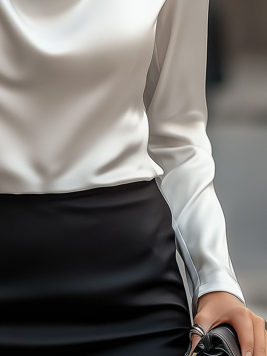 Blouse en Satin Blanc Élégante avec Décolleté Drapé