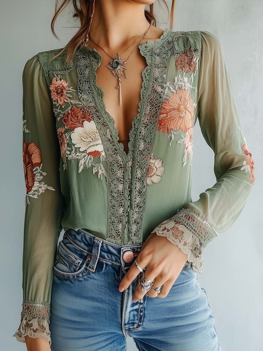 Roco · Blouse florale bohème avec dentelle