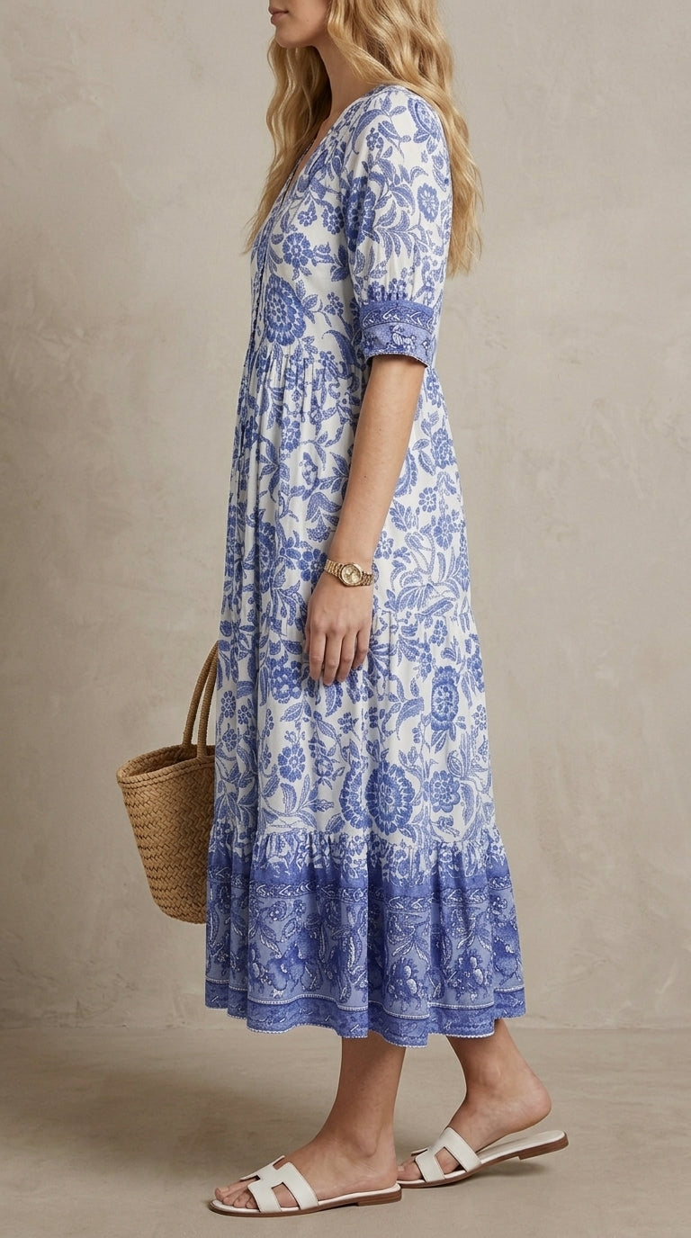 Hélène · Robe maxi fleurie col en V, légère et fluide