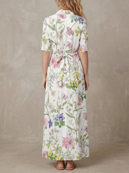 Simone · Robe midi fleurie aquarelle, lacet ajustable